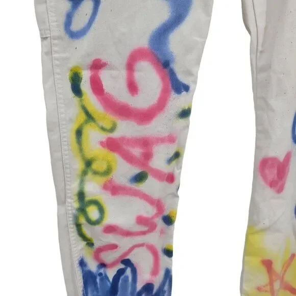 Unisex‎ Upcycled White Painters Pants 34x30 Multicolor Party Graffiti Streetwear